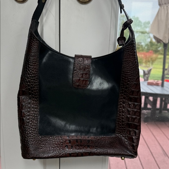 Brahmin Black and Brown Croc-Embossed Shoulder Bag - Picture 1 of 8